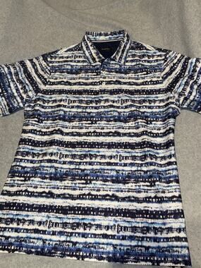 Bugatchi Size Large Polo Shirt Mens Classic Blue white Design $149 Brand New